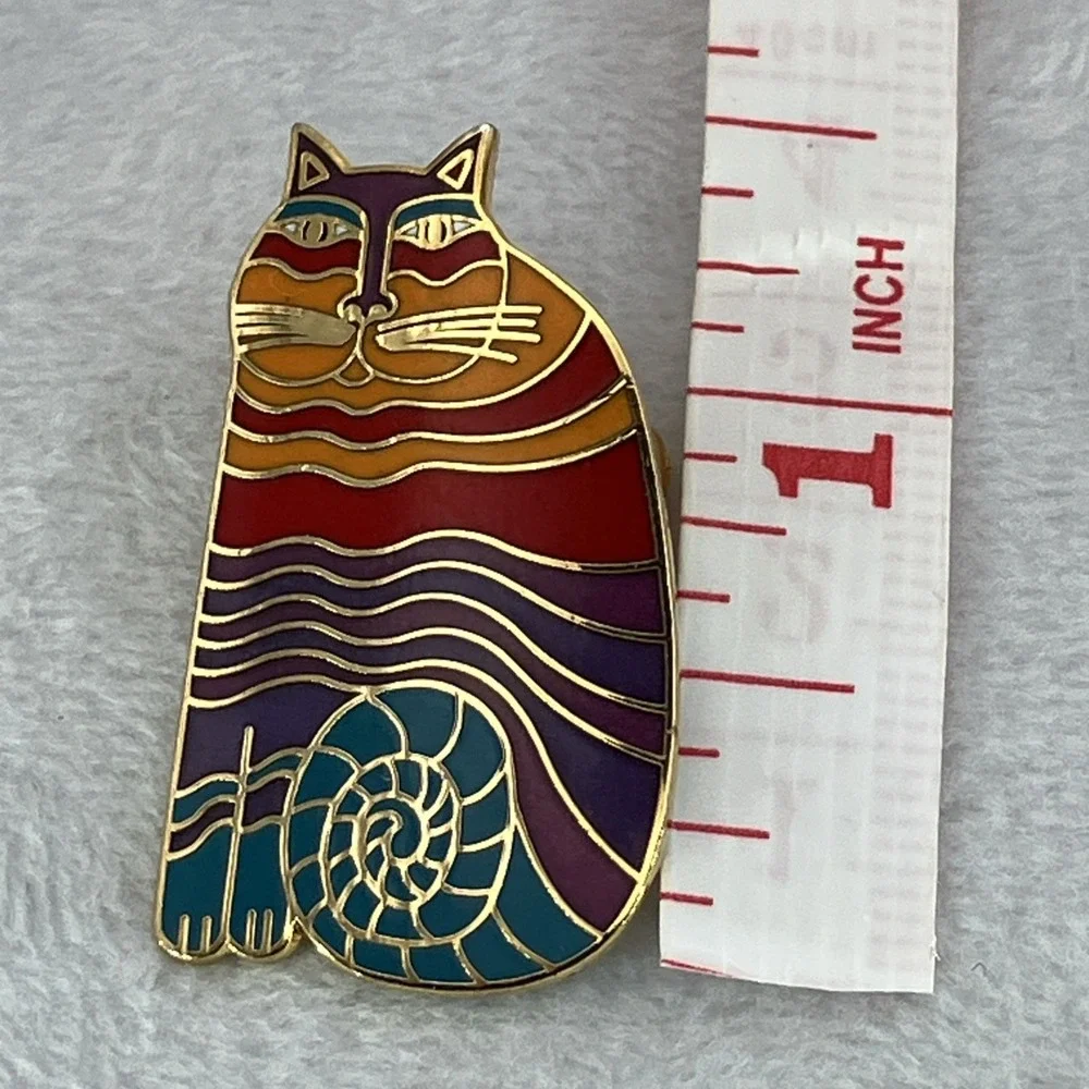 Laurel Burch Rainbow Cat Brooch Pin Signed Whimsical Gold Tone Kitty Collectible